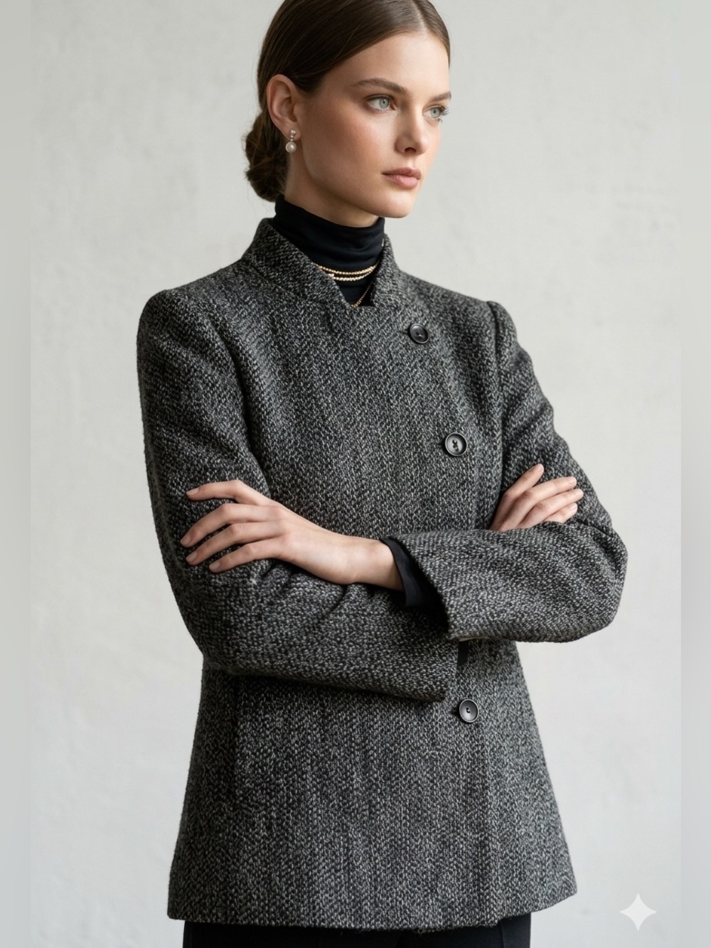 Armani Collezioni Gray Tweed Virgin Wool Blazer Jacket Stand Collar Size 6